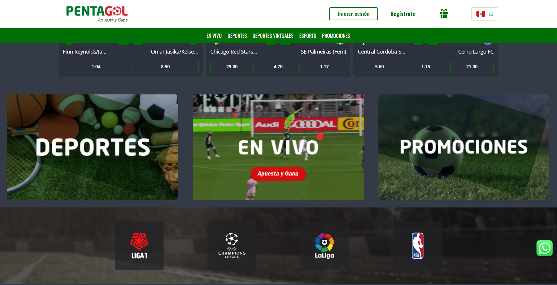Página de inicio de Pentagol.pe con accesos a deportes, en vivo y promociones